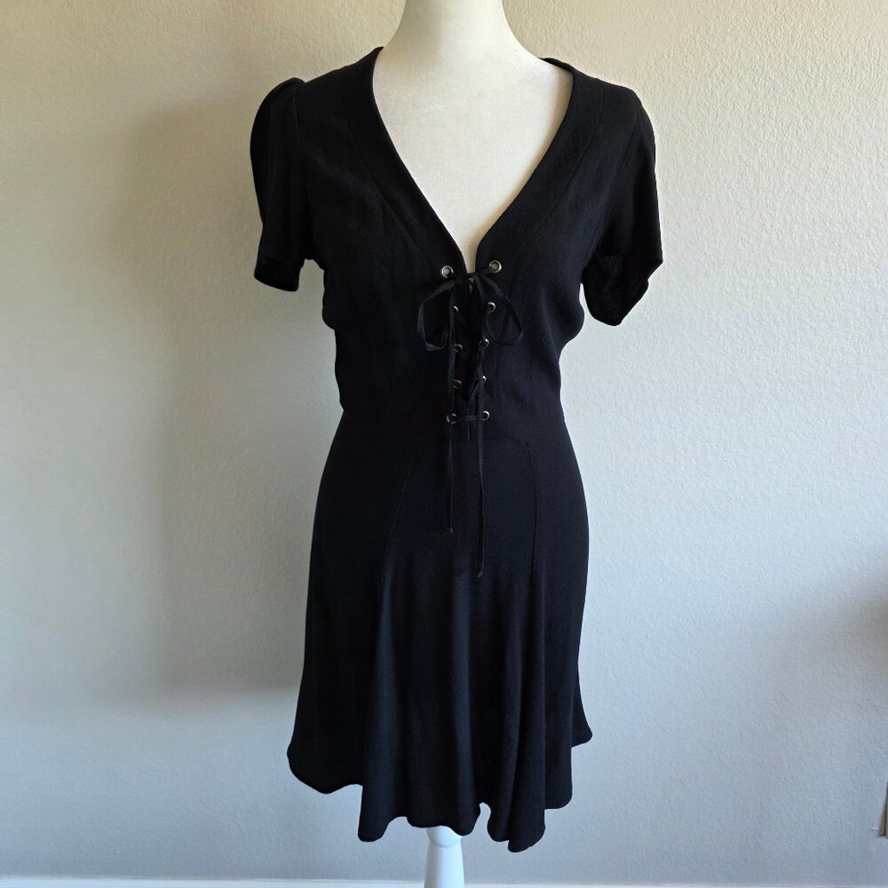 REFORMATION Black Dress Fit & Flare Shoelace Tie Short Sleeve Back Zip Size 2